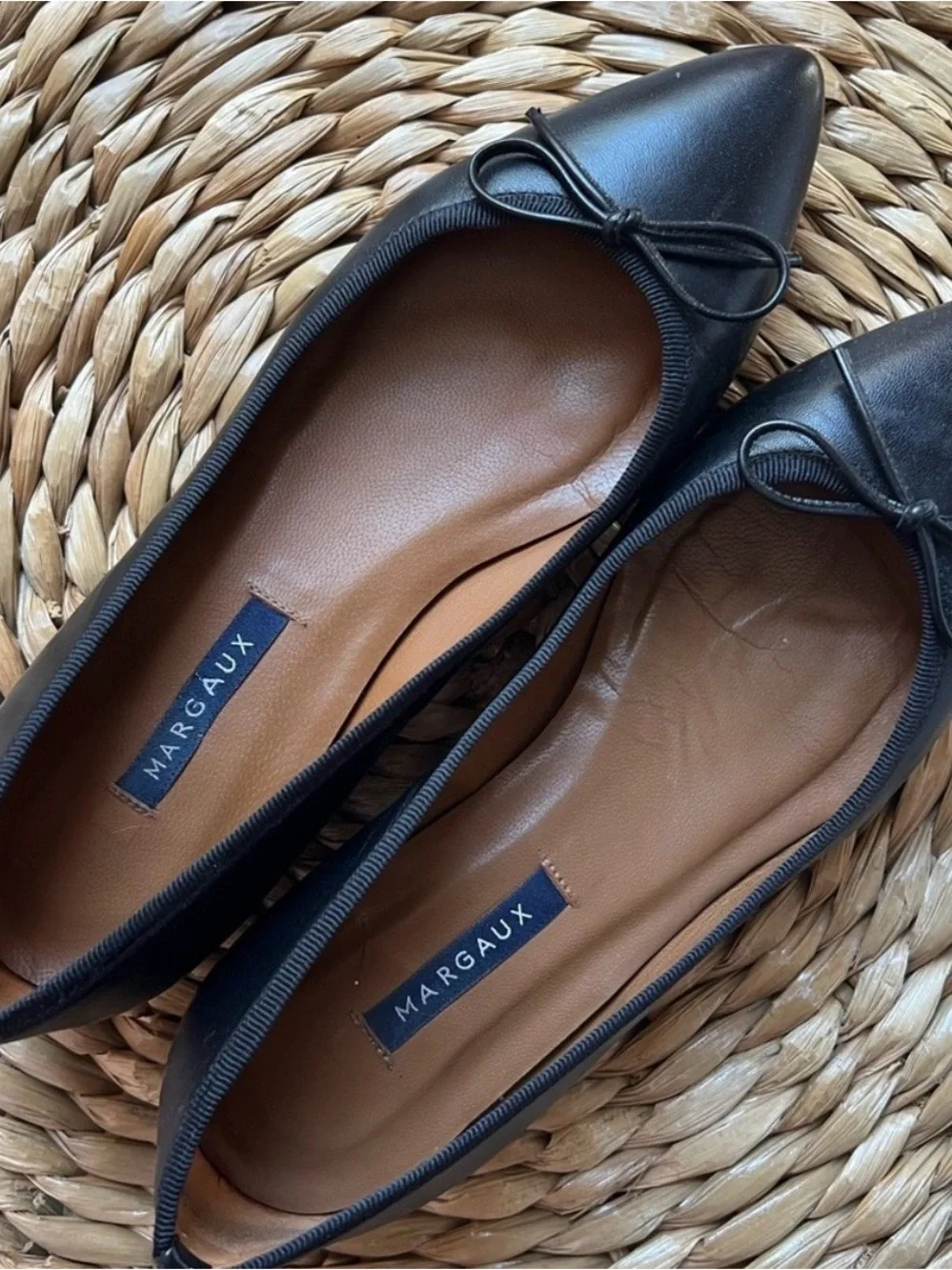 Margaux Black Pointed-Toe Leather Ballet Flats with Bow